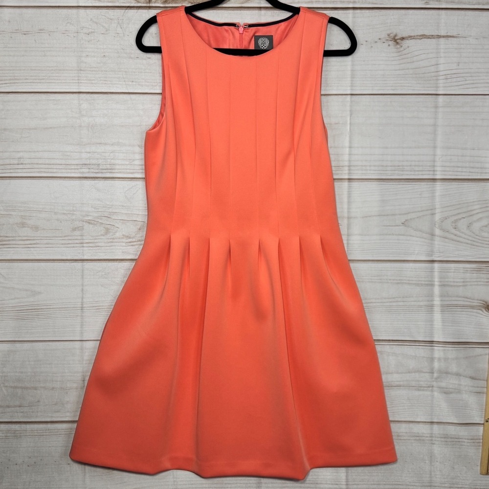 Vince Camuto Coral Orange Pink Sleeveless Pleated Fit and Flare Scuba Dress 14